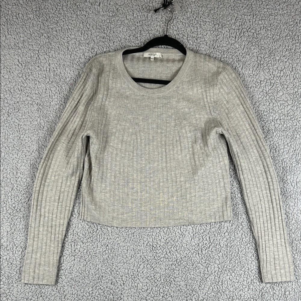 Babaton Long Sleeve Crew Neck Ribbed Light Gray Some Wool Linen Top Size L